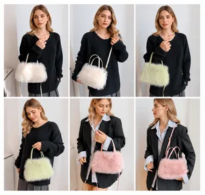 Detailed views of the plush faux fur handbag in white, mint green, and pink colors