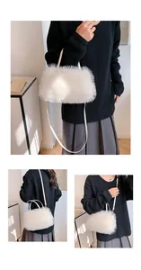 Detail view of white fluffy plush handbag with synthetic leather straps for autumn winter