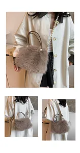 Detail of a brown faux fox fur handbag featuring plush texture and pearl shoulder straps