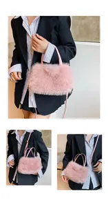 Detailed view of pink faux fur handbag with shoulder strap for autumn winter styling