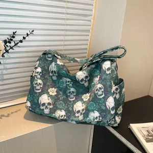 Gothic Skull Rose Print Nylon Messenger Bag For Women Men High Capacity Crossbody Bag Adjustable Strap Retro Punk Style Daily Shoulder Bag