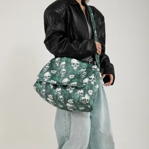 Large green nylon tote bag with skull and rose prints for casual fashion style