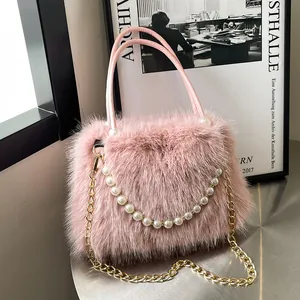 Faux Fur Plush Tote Bag For Women Artificial Pearl Chain Decor Shoulder Crossbody Bag High End Fall Winter Fashion Handbag Gift