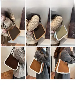 Collage of model carrying faux shearling trim suede tote bags in various autumn colors