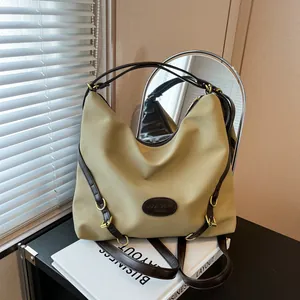Women Large Capacity Tote Bag Retro Nylon PU Leather Shoulder Bag Casual Commuter Hobo Handbag Gold Buckle Decoration