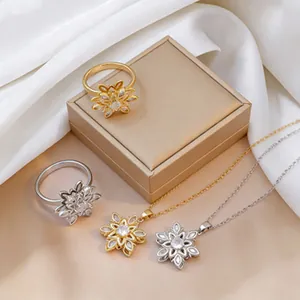Rotierende Schneeflocke Halskette Und Ring Kupfer Zirkonia Blumenanhänger Spinner Schmuck Für Frauen Elegante Mode Kombination