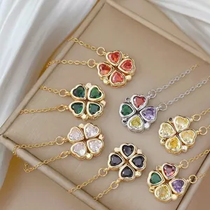 Titanium Steel Foldable Heart Four Leaf Clover Pendant Necklace With Colorful Zirconia Gold Silver Plated Fashion Jewelry For Women
