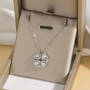 Collar de Colgante de Corazón y Trébol Plegable Acero Inoxidable Cobre Zirconia Magnética Cadena de Clavícula Joyería para Mujer