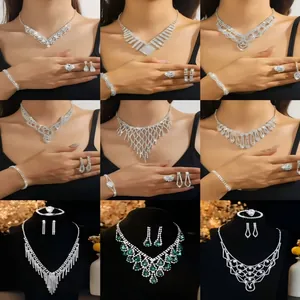 Luxury Alloy Zirconia Rhinestone Jewelry Set Tassel Necklace Earrings Bracelet Ring For Wedding Banquet Party Bridal Accessories Women