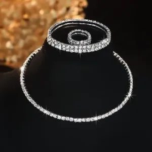 Elegant silver bridal jewelry set with sparkling rhinestone necklace bracelet and ring