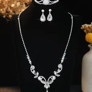 Elegant silver bridal jewelry set with butterfly crystal necklace and drop earrings