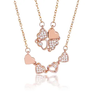 Collier trèfle magnétique en or rose avec zircons et deux styles de port variés