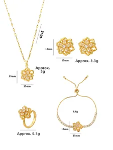 Détails du coffret bijoux fleurs avec zircons rotatifs sur collier doré et boucles d'oreilles