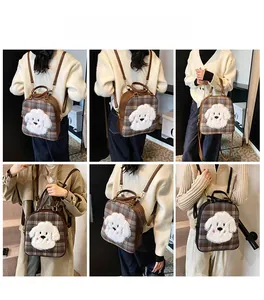 Detail showing checkered backpack with plush dog design in various wearing styles