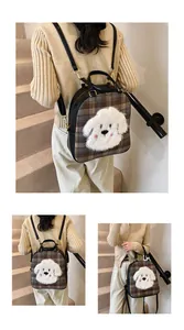 Detail of a brown plaid backpack featuring a 3D plush dog head and golden metal buckles