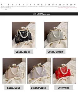 Detalle de bolsos de seda bordada con asa de perlas en cinco colores vibrantes