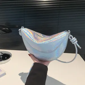 Dames Metallic Gekreukte Halve Maan Tas Mode Y2K Knoop Band Schoudertas Crossbody Moon Bag Goud Zilver Roze PU Leer