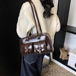Retro dark brown patent leather shoulder bag with glossy finish and double straps