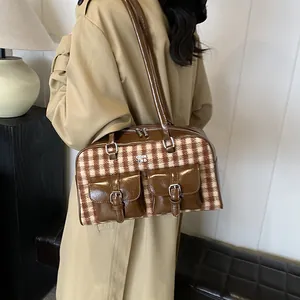 Retro wool plaid shoulder bag with brown leather details and pockets for autumn winter