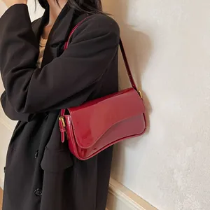 Women Patent Leather Underarm Bag Fashion Asymmetric Flap Shoulder Crossbody Bag Gold Buckle Commuting Bag Daily Purse