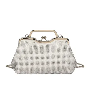 Elegante weiße Strass-Abendtasche mit Metallgriff und Ketten-Schultergurt für Damen
