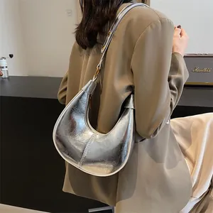 Vintage Half Moon Hobo Bag For Women PU Leather Metallic Buckle Shoulder Bag Niche Design Underarm Handbag Daily Retro Purse