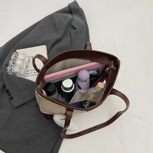 Sac cabas en toile contrastée à grande capacité pour le travail et le rangement spacieux