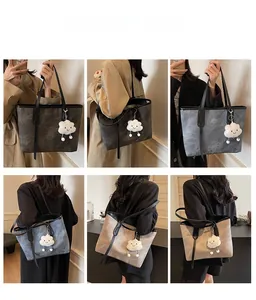 Three colors of large tote bags with cloud charms shown in various street style outfits