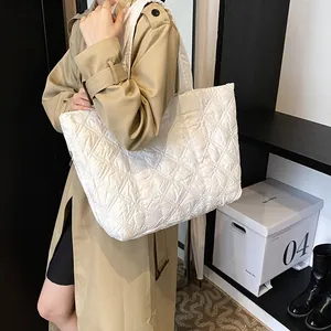 Borsa tote imbottita bianca con motivo a rombi per donna, borsa a spalla grande