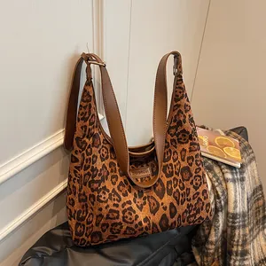 Vintage Leopard Print Suede Fabric Shoulder Bag Women Large Capacity Hobo Tote Bag Adjustable Strap Commute Underarm Bag