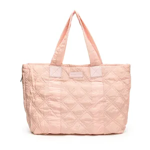 Borsa tote imbottita rosa con motivo a rombi e grande capacità per uno stile casual