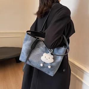 Chic grey marble texture tote bag with black straps and cute white cloud charm