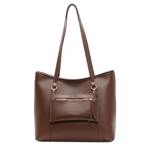 Klassische braune Shopper-Tasche mit Schultergurt und kleiner abnehmbarer Fronttasche