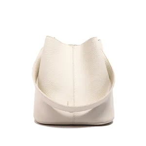Classic white lychee pattern leather bucket bag with top handle and vertical stitching
