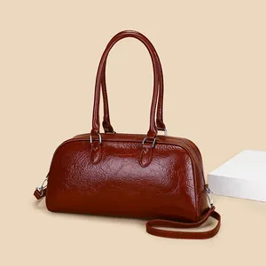 Sac Bowling Rétro en Cuir PU Plissé pour Femmes Grande Capacité Sac à Épaule Baguette Brillant Sac à Main Streetwear