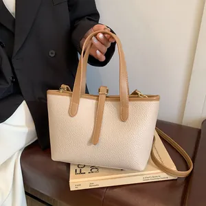 Women Minimalist Litchi Pattern PU Leather Tote Bag Fashion Contrast Color Handbag Shoulder Crossbody Bag With Adjustable Strap