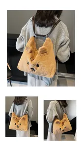 Detail of cute fluffy bear tote bag featuring embroidery eyes and 3D plush ears
