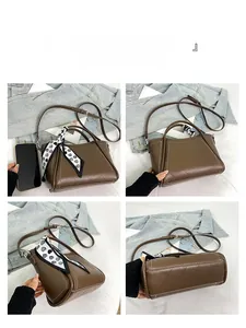 Detailed four-way view of a brown trapezoid bucket bag with silk scarf and white stitching