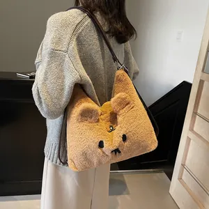 Cute capybara lamb wool canvas shoulder bag with large capacity for winter women