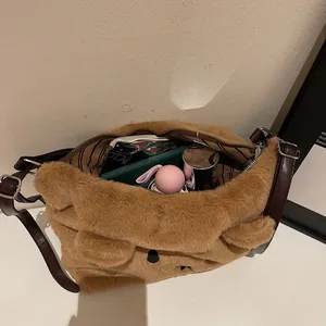 Cute brown fleece shoulder bag with bear embroidery and large capacity interior