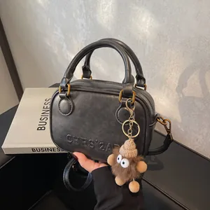 Women Vintage PU Leather Boston Handbag Letter Embossed Crossbody Shoulder Bag With Plush Monster Charm Casual Office Tote