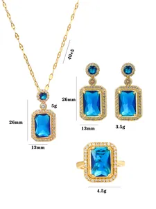 Détails de l'ensemble bijoux en zircon bleu avec dimensions du collier et des bagues