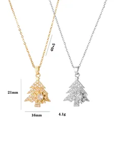 Detailed view of rotating Christmas tree necklace with measurements and crystal details