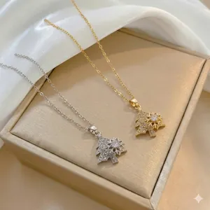 Rotating Snowflake Christmas Tree Pendant Necklace Titanium Steel Micro Pave Zirconia Jewelry For Women Christmas Fashion Gift