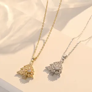 Rotating snowflake and Christmas tree titanium steel necklace with micro-pave zircons