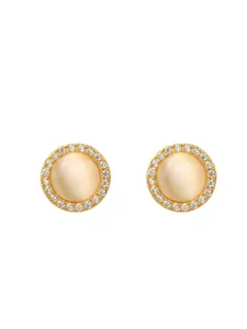 Detailed macro shot of gold-plated stud earrings with opal stone and zircon halo
