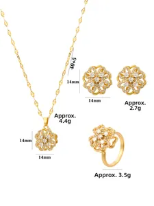 Detaillierte Größenparameter des goldenen Blumenschmucksets mit 14mm großen Anhängern