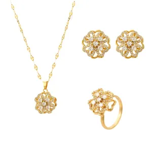 Vergoldetes Blumen-Schmuckset mit rotierender Herzkette, Ohrsteckern und einem Ring
