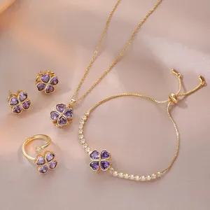 Titanstahl Rotierendes Herz Vierblättriges Kleeblatt Schmuckset Lila Zirkonia Anhänger Halskette Ohrringe Ring Armband Damen Schmuck