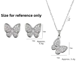 Parure bijoux papillon étincelante avec collier et boucles d'oreilles en zircone argentée